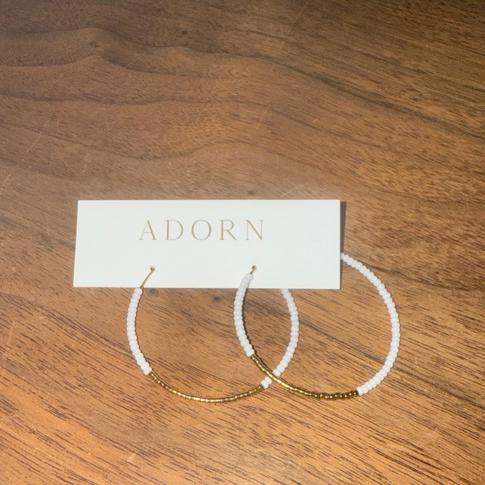 Boutique Handcrafted Gold and White Beaded Hoop Earrings